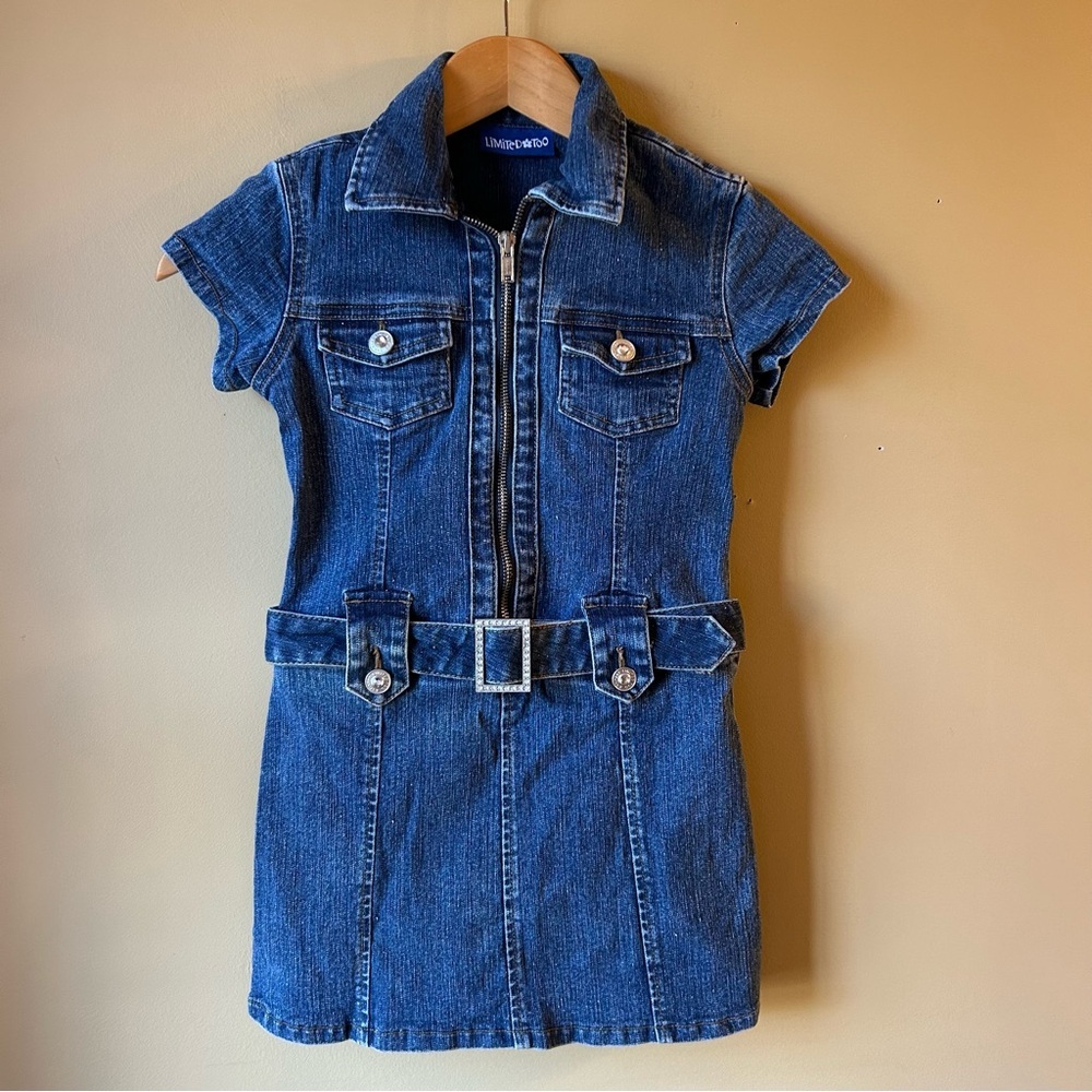 Limited Too Y2K Girls Denim Dress Short Sleeve Size 7 Zip Front Jean Belted